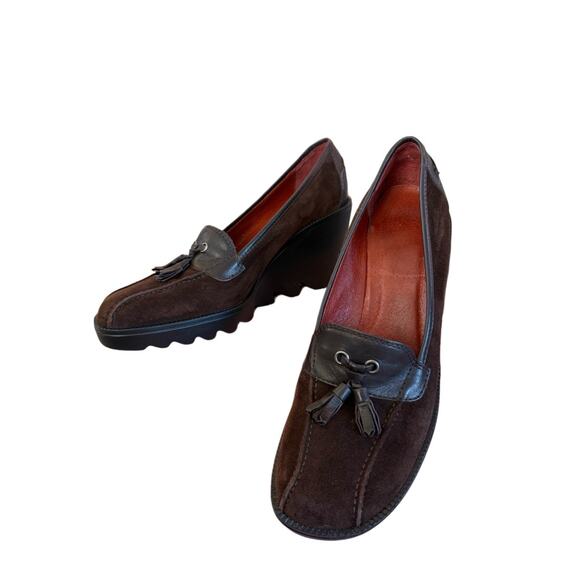 Donald Pliner‎ Chocolate Brown Suede Wedge Loafers 9 Italy preppy Goth Academia - Picture 4 of 8